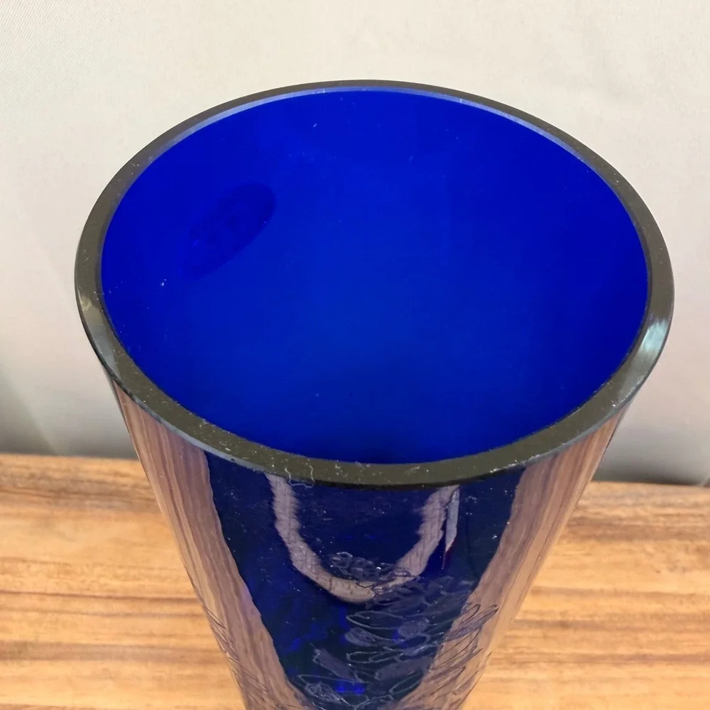 Wanda Poland Cobalt Blue Glass Lupine Etched Vase Tera Heyne Signed  12